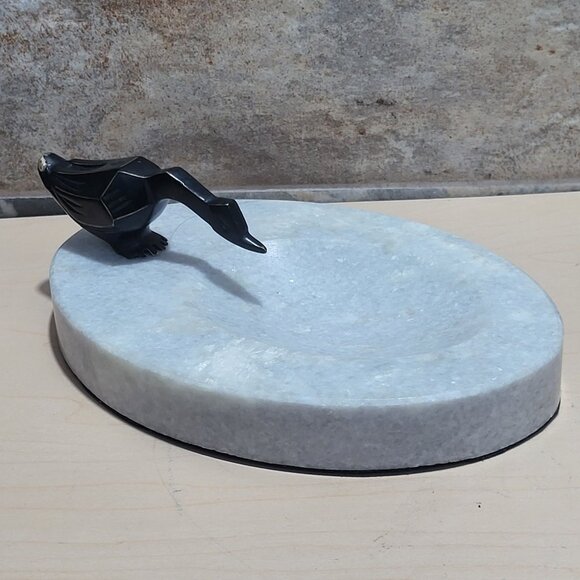 Decorative Marble Soap Dish Jewelry Holder Black Metal Bird Figure - Picture 7 of 12